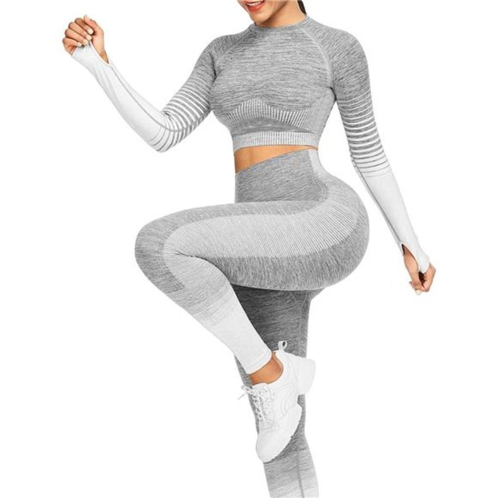 2 Piece Yoga Outfits High Waist Seamless Leggings and Long Sleeve Crop Top